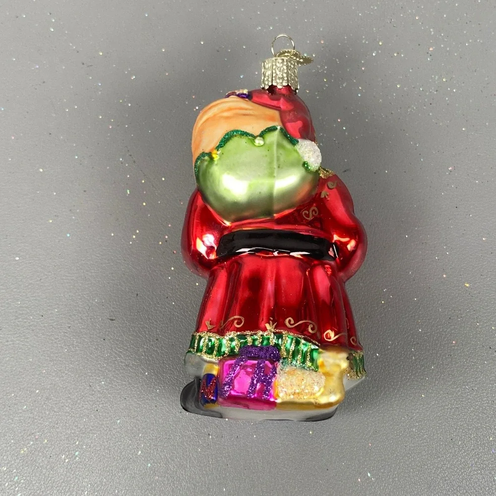 Old World Christmas 2 Santa Claus Glass Holiday Glitter Ornaments Blue & Red